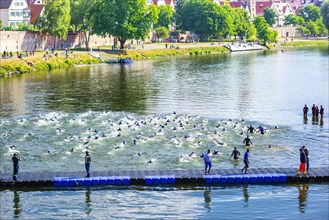 Swim start, triathlon, Danube, Ulm, Swabia, Baden-Wuerttemberg, Germany, Europe