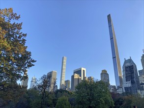 Central park in autumn with towering modern skyscrapers in the background, the skyline of new york