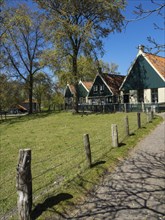 Green house and trees along a footpath in a rural neighbourhood, Enkhuizen, Nirderlande