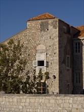 Stone buildings with shutters and trees against a deep blue sky in a Mediterranean setting, the old