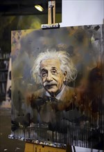 Oil-painted portrait of the physicist Albert Einstein, stands on a staggered floor, modern