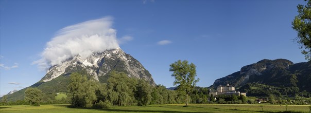 Grimming mountain range, Trautenfels Castle in the morning light, panoramic view, near Irdning,