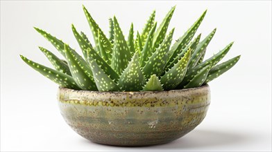 Aloe vera plant in a rustic pot against a white background, giving a clean and natural look