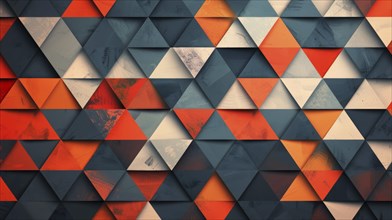 Abstract geometric pattern with triangles in orange and blue, creating a textured, repetitive
