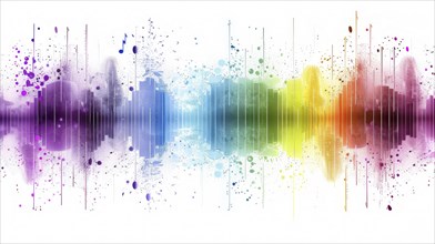 Abstract sound wave with rainbow colors and paint splatters on a white background, AI generated