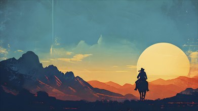 Vintage grungy poster of an equestrian riding a horse in sunrise with mountains in background, AI