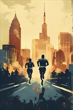 Vintage grungy poster of marathon runners with cityscape skyline background, AI generated