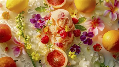 Citrus and berry ice cream surrounded by flowers and fruit on ice, AI generated