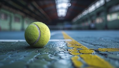 A tennis ball lies on a cracked indoor court floor, AI Generated, AI generated