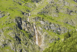 Lake walls with waterfall in Oytal, near Oberstdorf, Oberallgaeu, Bavaria, Germany, Europe