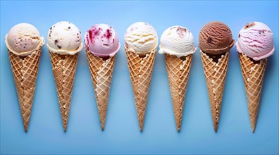 A row of ice cream cones with different flavors, AI generated