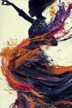 Silhouette of a dancer surrounded by dynamic, flowing streaks of vibrant colors, creating a sense