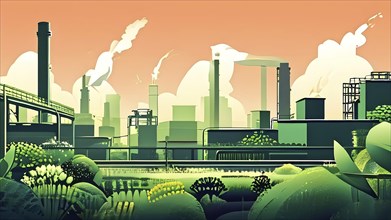 Digital render of an industrial landscape scene in a minimalistic hyper realistic style,