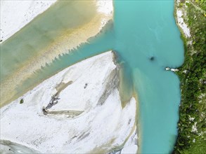Top Down over Vjosa Wild River National Park from a drone, Albania, Europe