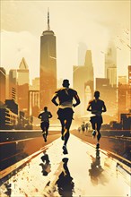 Vintage grungy poster of marathon runners with cityscape skyline background, AI generated