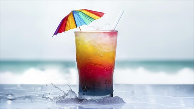 A glass of drink with a straw and a red umbrella on top, placed on a table by the ocean, AI