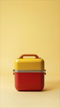 A red and yellow portable cooler over yellow background. Vertical shot, AI generated