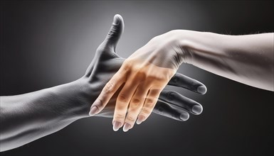 A coloured handshake between a black and a white hand symbolises cohesion and contrast, AI