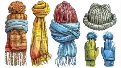 Various colorful winter clothing items including scarves, gloves, and beanies, AI generated