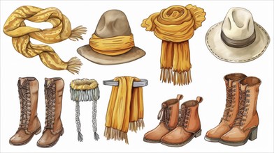Illustration of warm fall clothing including scarves, hats, and boots in orange, brown, and yellow