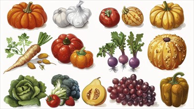 A selection of realistic vegetables and fruits including pumpkins, garlic, tomatoes, radishes,
