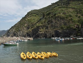 Yellow boats are anchored in a small harbour surrounded by overgrown hills and mountains, Bari,