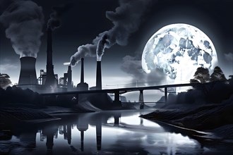 Illustration of industrial landscape with river and smoking chimneys under a full moon symbolizes