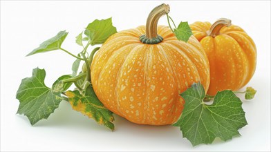 Two orange pumpkins with green leaves on a white background, AI generated