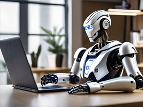 Android, robot writing on a laptop in the home office, symbolic image artificial intelligence
