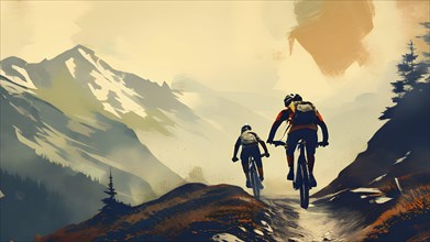 Vintage grungy poster of mountain bike cyclists with mountain background, AI generated