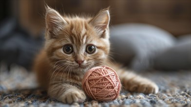 An orange-furred kitten with big eyes plays with a yarn ball in a cozy home environment, AI