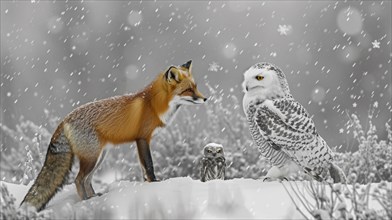 A red fox and two snowy owls interact in a snowy landscape, creating a serene winter wildlife