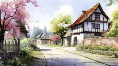 Watercolor depiction of a village in spring with blooming flower, AI generated