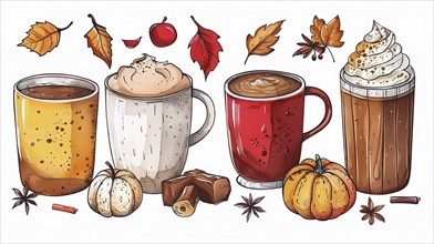 Illustration of different coffee cups garnished with autumn flavors and decorations like leaves,