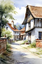 Watercolor depiction of a village in summer in the warmth of the sun, AI generated