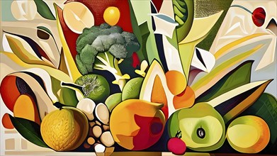 Abstract painting of healthy food with organic shapes resembling an array of fresh fruits, AI