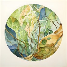 Abstract painting symbolizing environmental protection with organic shapes in earthy color tones,