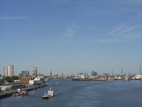 Panoramic view of an urban harbour landscape with boats and cranes under a blue sky, a picturesque