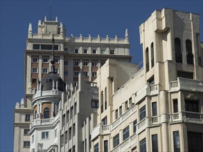 Several modern buildings in an urban environment under a clear sky, Madrid, Spain, Europe