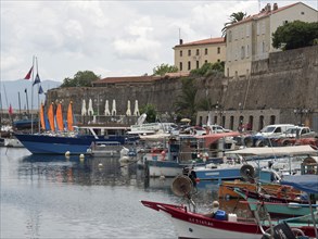 Full harbour with various boats and old buildings as well as an interesting mix of flags and palm