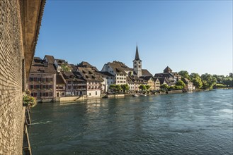 View from the historic wooden bridge over the Rhine to the old town centre of Diessenhofen, Canton