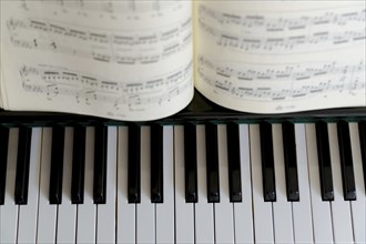 Top view of the keys of a piano with a score on them