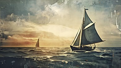Vintage grungy poster of sailboats with sunset background, AI generated