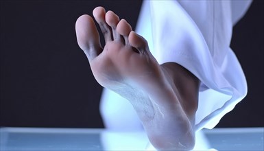 Close-up of a foot on a reflective surface in bright light, sole of the foot, AI generated, AI