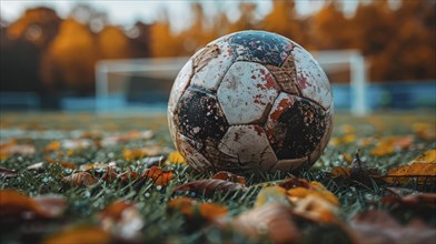 A soccer ball rests on wet grass surrounded by autumn leaves near a goal post, AI Generated, AI