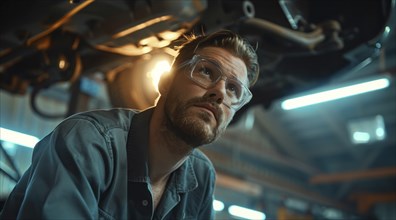 Car mechanic working on fixing and repairing a car in a garage, AI generated