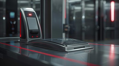 A machine with a red light on it sits on a counter, AI generated