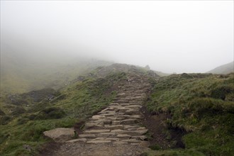 A stony footpath leads up into the misty mountains to the Old Man of Storr, the landscape is green