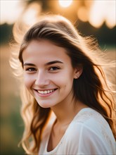 Smiling girl, teenager with caucasian look outside in summer, bokeh, portrait, looking into the