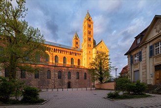 Majestaetische Kirche in goldenem Licht des Sonnenuntergangs, umgeben von Baeumen, mit einer